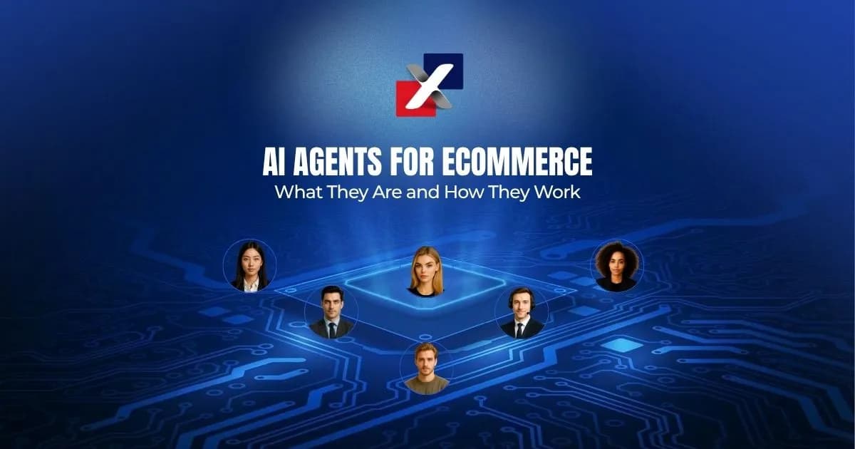 AI agents for ecommerce illustrated by diverse team avatars around a glowing processor on a blue circuit board
