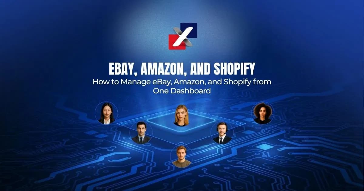 Illustration showing how to manage eBay, Amazon, and Shopify from one dashboard using ExactFlow's e-commerce marketplace management platform