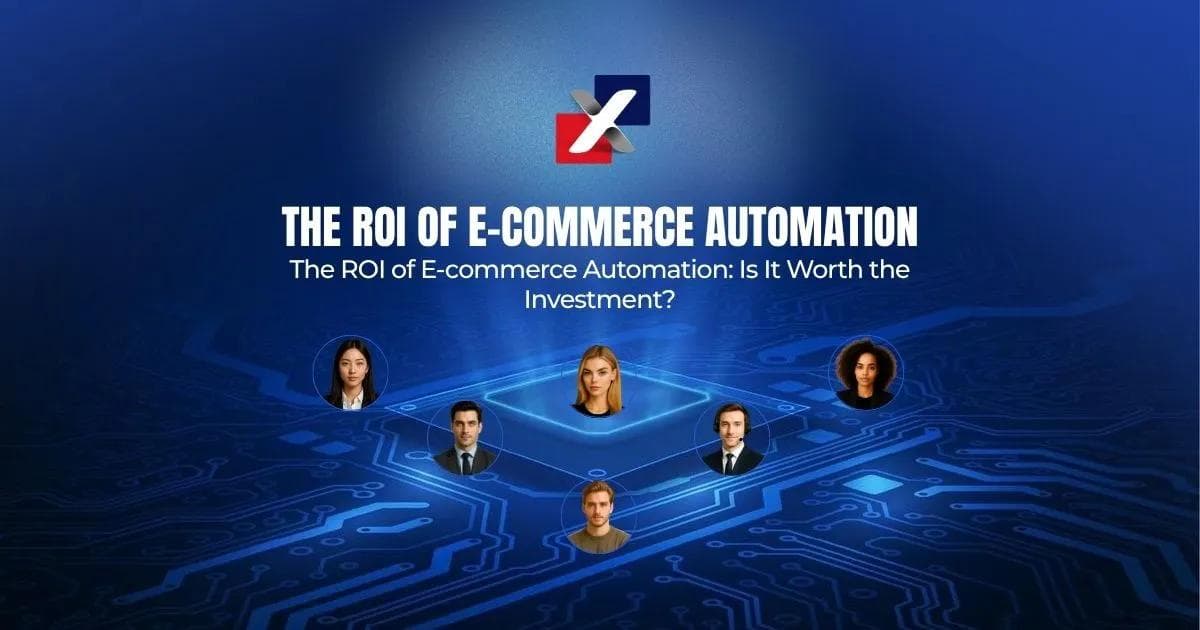E-commerce automation ROI cover image showing an online store team connected on a digital circuit board