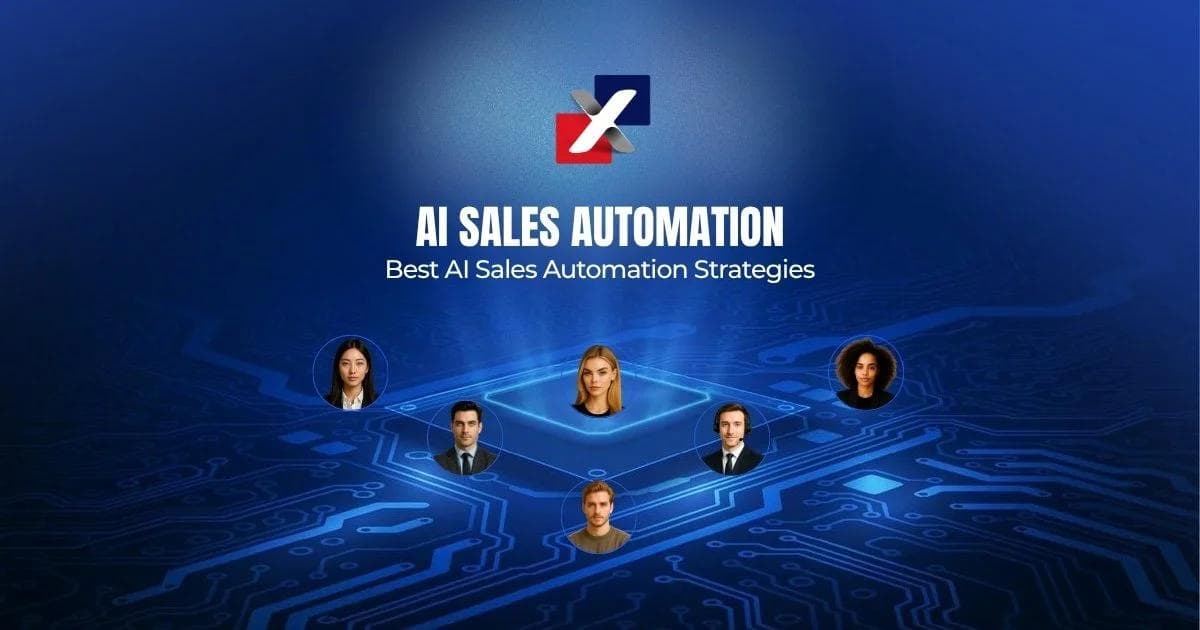 Best AI sales automation strategies banner showing an ecommerce sales team around a digital circuit board