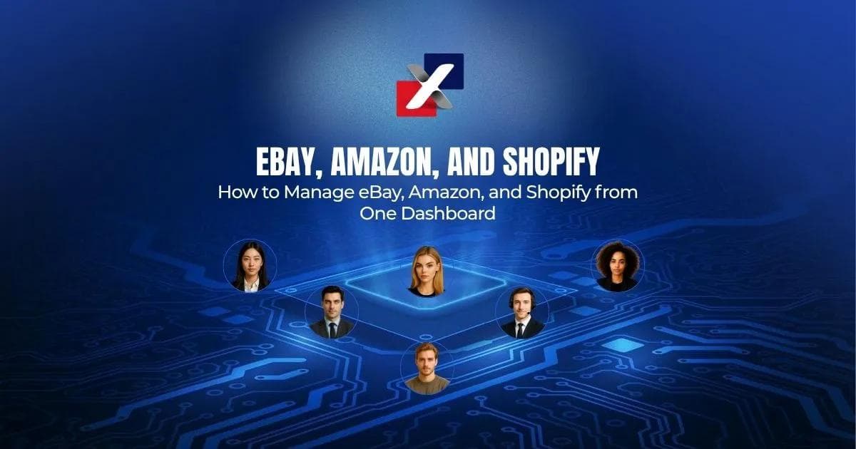 Illustration showing how to manage eBay, Amazon, and Shopify from one dashboard using ExactFlow's e-commerce marketplace management platform