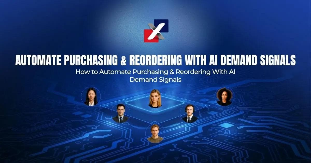 Automated reordering ecommerce guide cover showing an AI demand signals network connecting a purchasing team