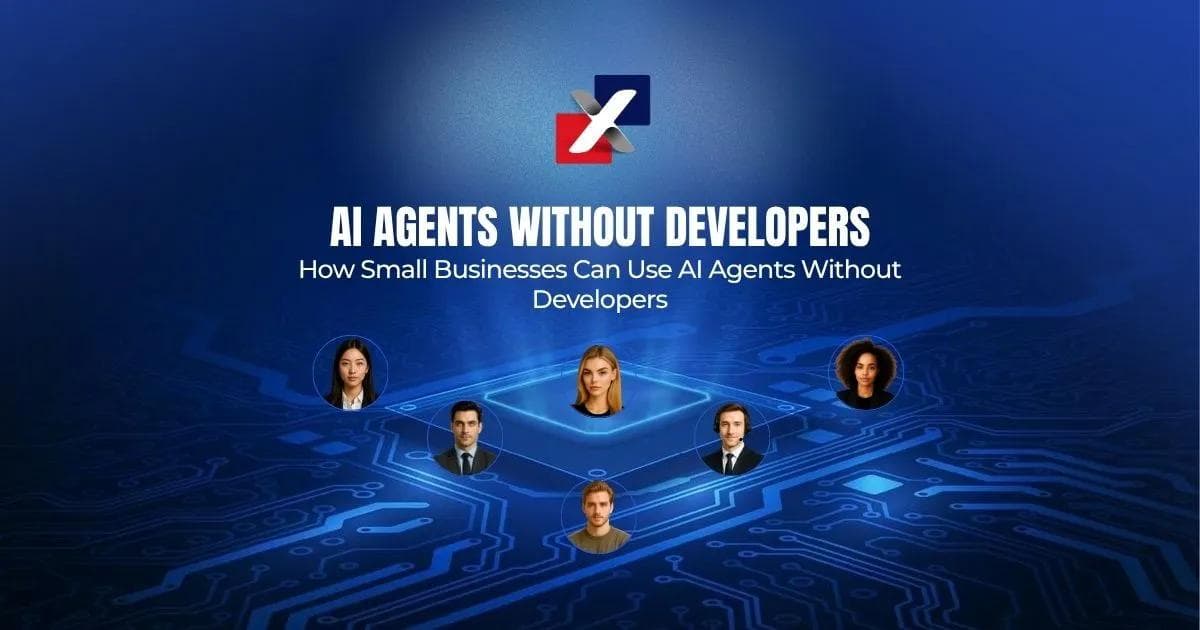 AI agents for small businesses without developers — ExactFlow banner with a diverse team connected to a central AI chip