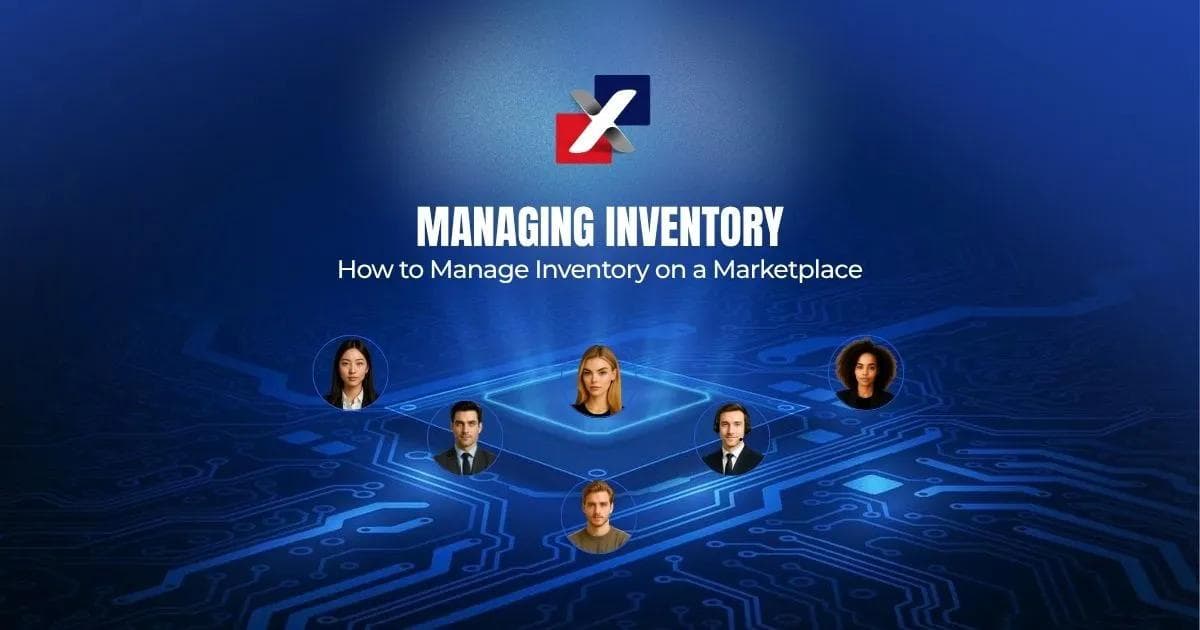 How to manage inventory on a marketplace – ExactFlow guide banner with six AI agent avatars on a blue circuit board