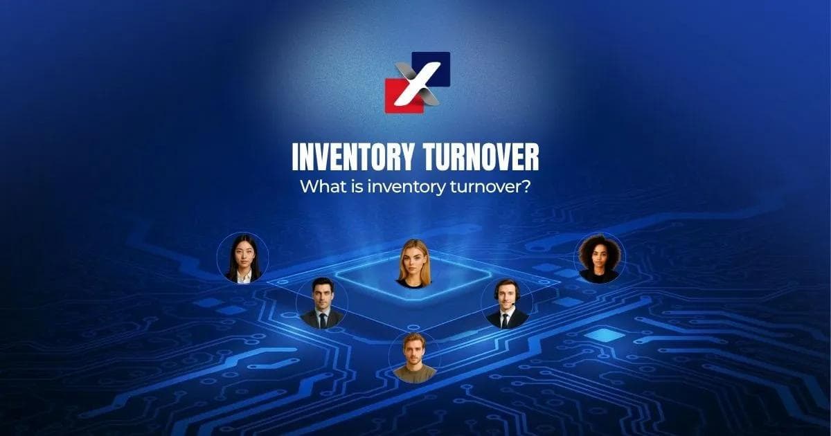 What is inventory turnover – ExactFlow guide cover showing an e-commerce team on a blue circuit board background