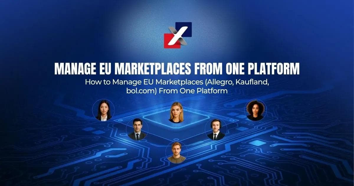 ExactFlow platform banner for managing EU marketplaces including Allegro, Kaufland and bol.com from one dashboard