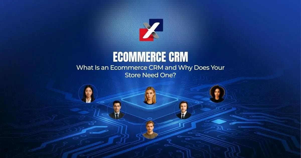 Ecommerce CRM featured image showing connected customer profiles on a digital circuit board, illustrating what an ecommerce CRM is and why online stores need one
