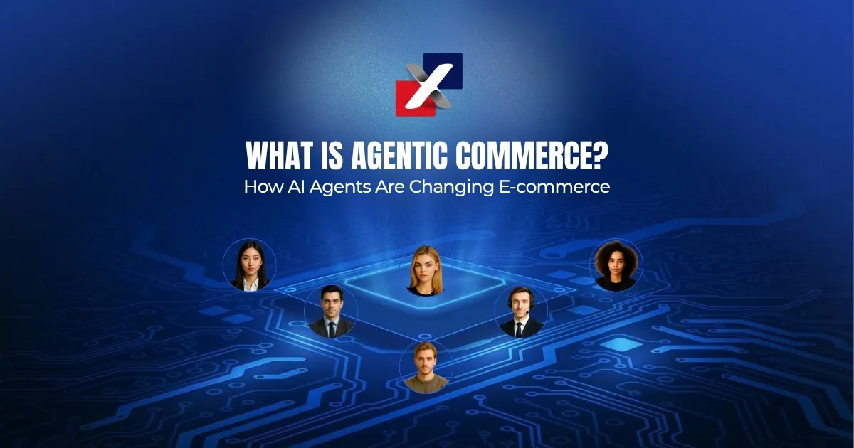 Agentic commerce concept showing AI agents connecting online shoppers across a digital circuit network