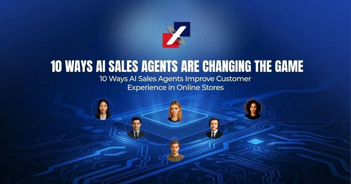 10 ways AI sales agents improve customer experience in online stores – ExactFlow blog cover with AI agent avatars on a circuit board background